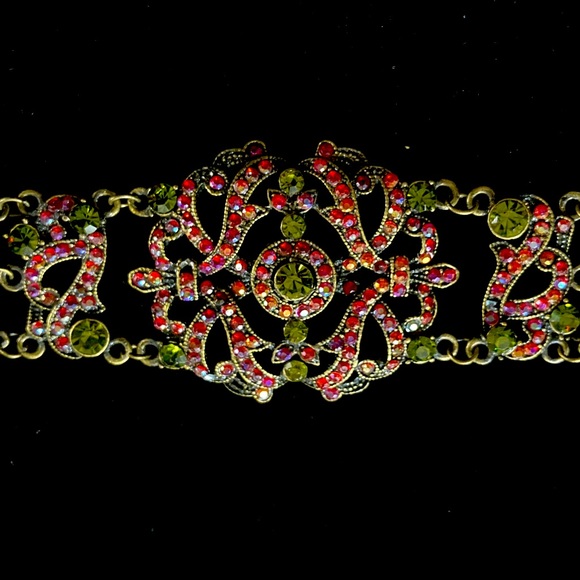 Retro style Art Deco choker. Peridot & Red stones Bronze finish 2”x1 3/4” centre - Picture 1 of 8